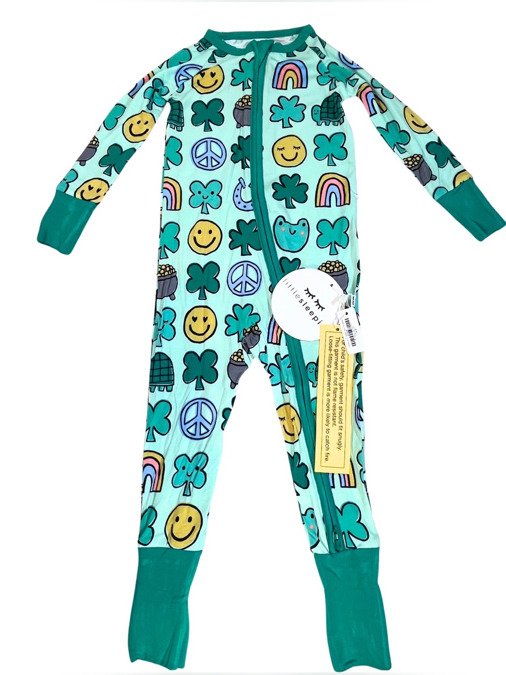 Little Sleepies NWT Long Pajama Sleep Onesie Set Full Zip Green Multi 12-18 Mos